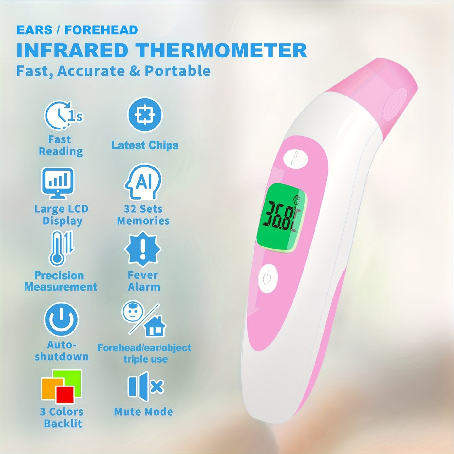 Non-Contact Infrared Forehead Thermometer, Quick And Precise Temperature Readings with °C/°F Switch, Fever Warning, Silent Operation, Dual-Purpose for Forehead And Objects, Three-Color LCD Screen, (Battery Not Included)