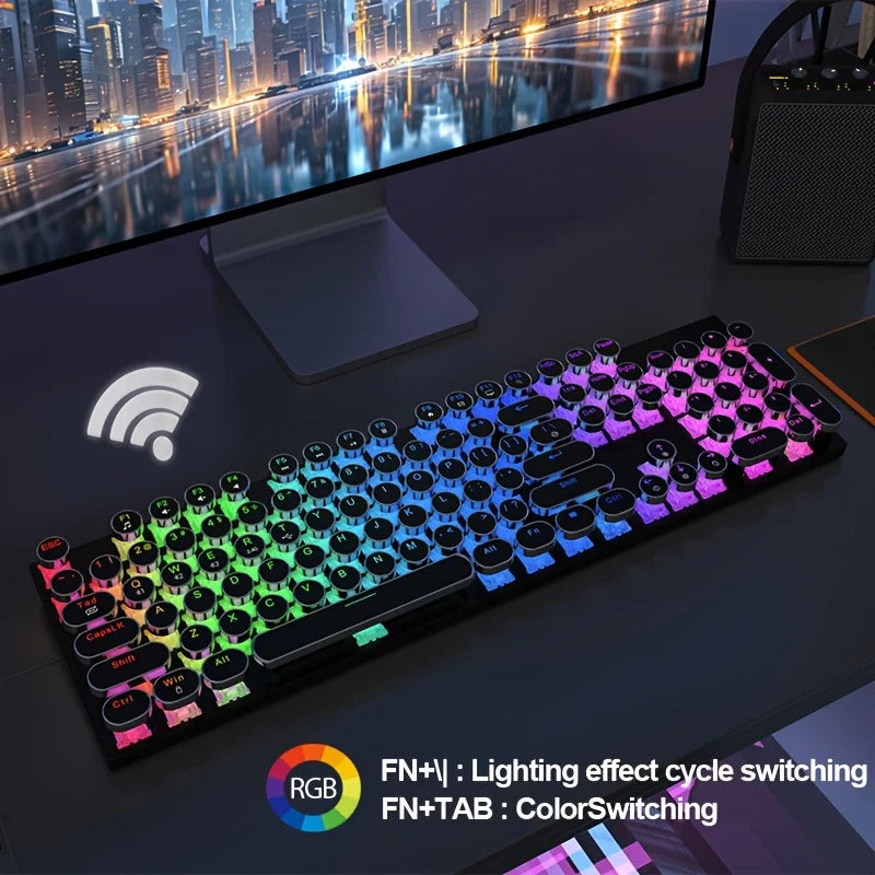 RGB Wireless Punk Typewriter Mechanical Keyboard Round Keycaps And RGB 104-Key Game Office Triple Mode Wireless 5.0/2.4G/Wired