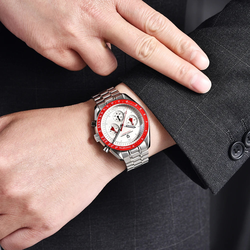 New Retro Red Watch Luxury Quartz Watches For Men Stainless Steel Luminous AR Sapphire Crystal Chronograph Man