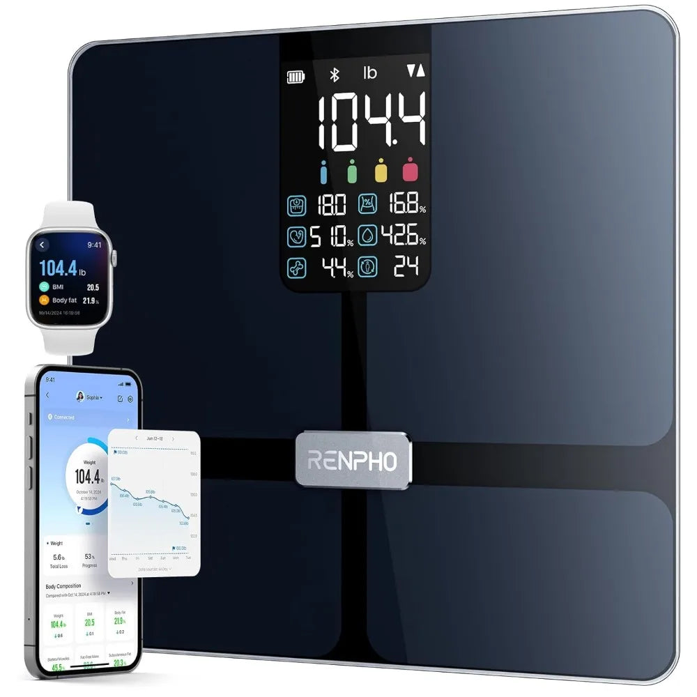 Smart Body Scale with BMI, Fat, Muscle Tracking, Bluetooth App Sync, Large Display, 13 Metrics, Black
