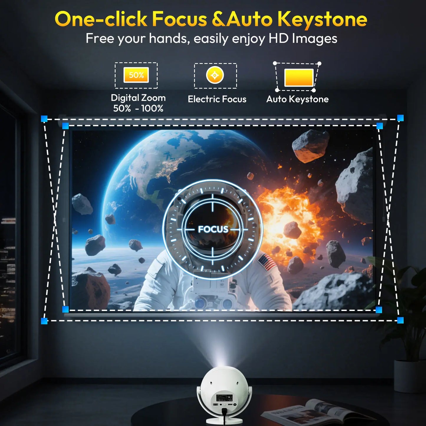 400 ANSI 4K Portable Android Projector Native 720P/1080P WiFi6 Bluetooth 50% Zoom Electric Focus for Home Theater