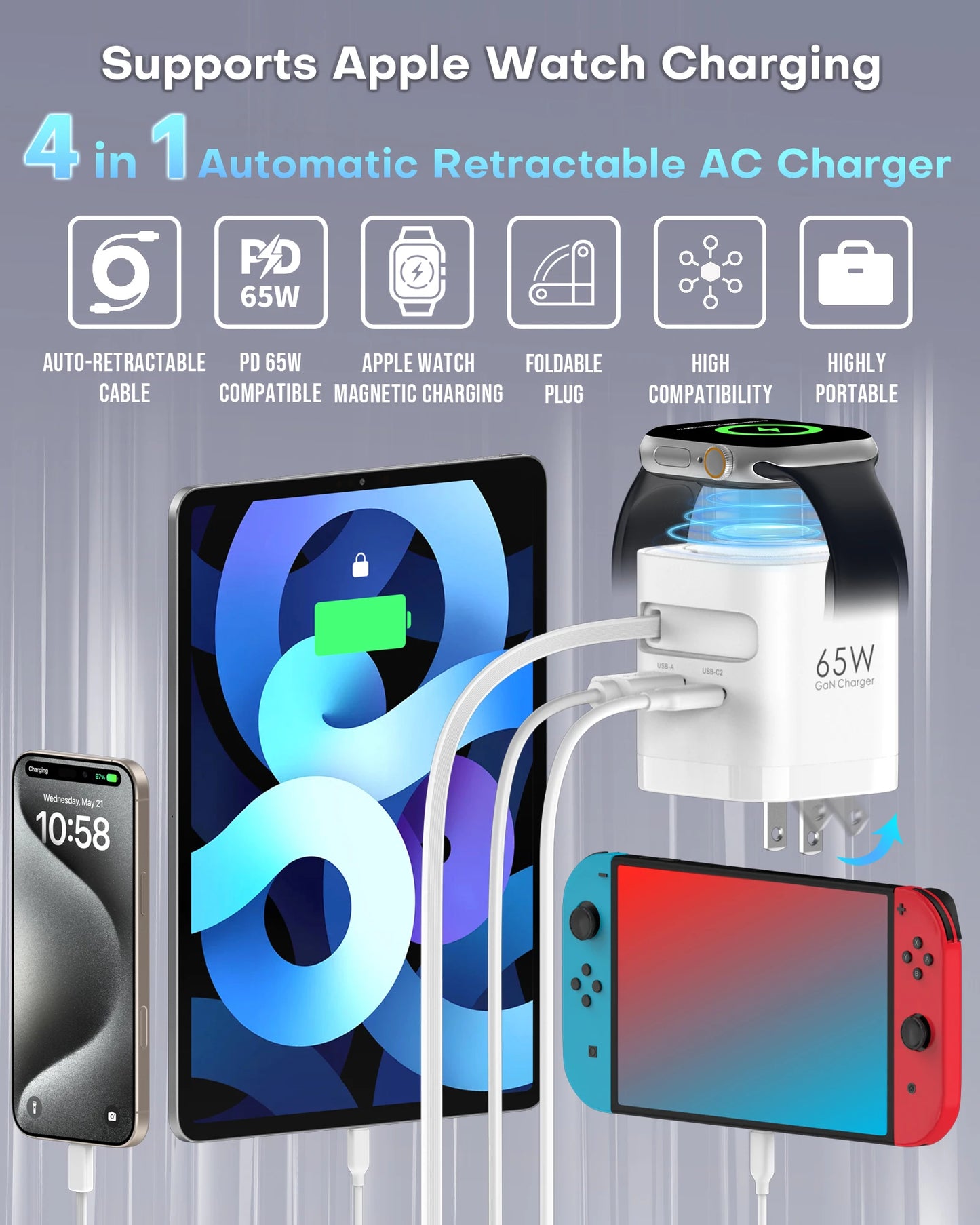 Retractable 65W For Apple Watch wireless Charger, Rapid Charging for MacBook, for iPhone, iPad smartphone, Foldable