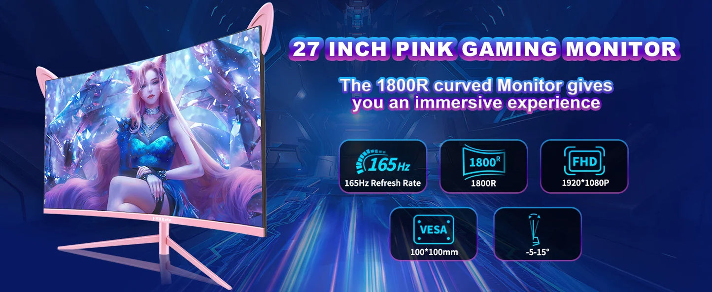 27inch Curved Pink Monitor QHD 165hz 1800R Gaming Display HDR10 Free-Sync Desktop Screen 1ms GTG With Speakers Tilt Adjustable