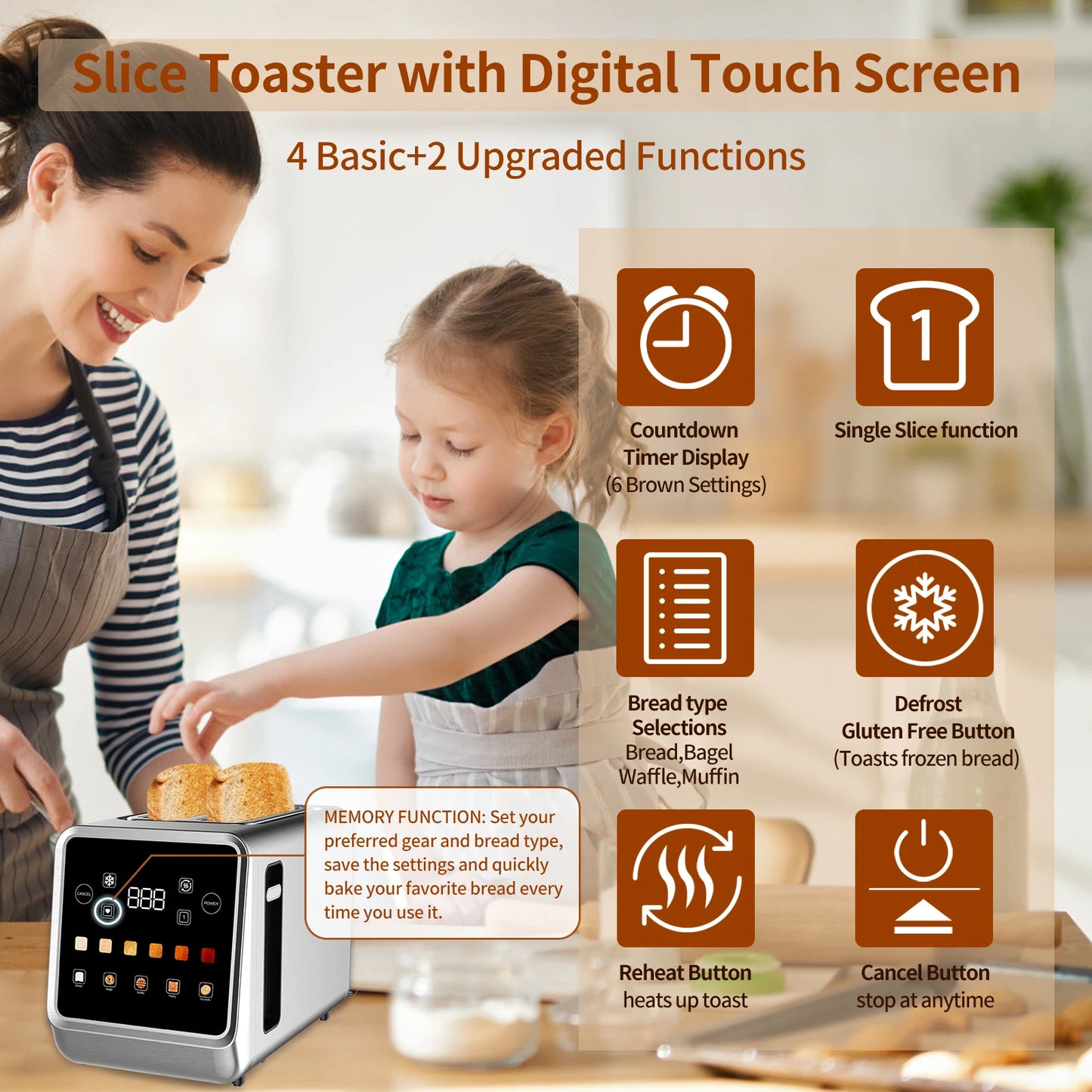 Smart Toaster with LCD Display, Beinilai 2 Slice Stainless Steel Digital Timer Bread Toasters 6 Bread Types& 6 Shade Settings