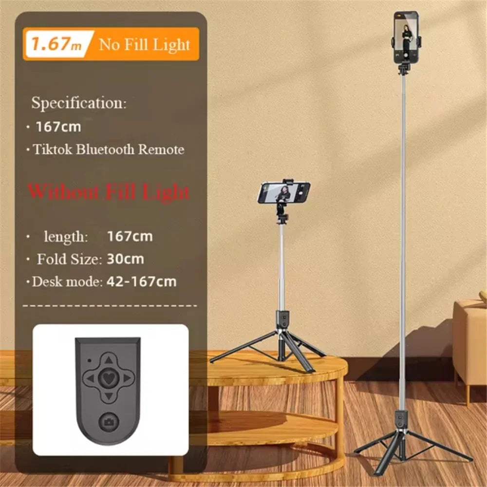 1.67M Long Extended Bluetooth Wireless Selfie Stick Live Broacast Stand Holder Tripod Foldable With Fill Light For Smartphones