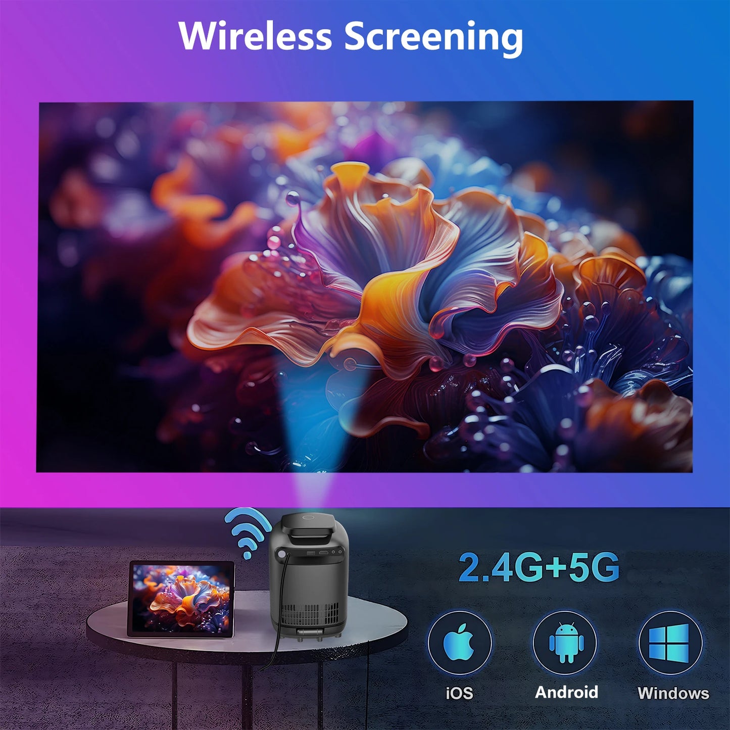 Projector Android Native 1080p Support 4K Wall Mount Design with 180°Adjustable Stand Portable WiFi Bluetooth, Model:TZ1