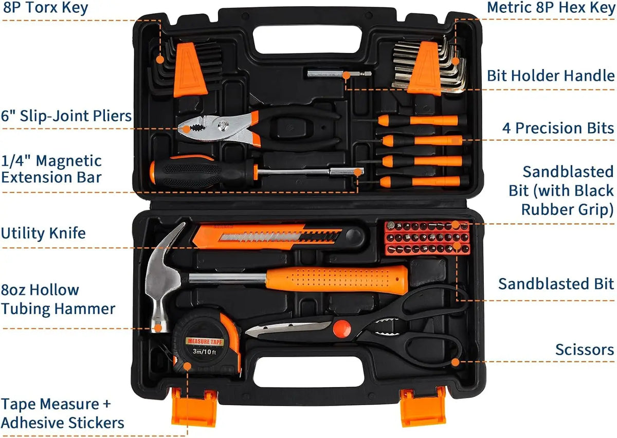 57-Piece Home Tool Set with Case, Essential Household Hand Tools Kit for Repair & DIY - Includes Hammer, Pliers, Screwdrivers, Tape Measure, Wrenches, Storage Toolbox