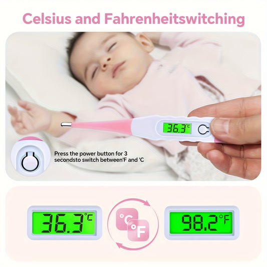 2pcs Baby Thermometer Oral/Rectal Thermometer with Fever Alert, Curved Probe & LCD-Free LED Display (Celsius/Fahrenheit Switchable) - for rectal/oral use in Adults &, (Blue+Pink) - Fever Guide for