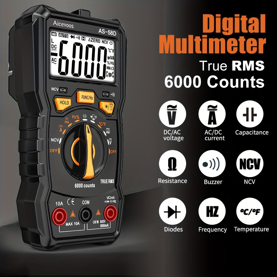 Aicevoos Digital Professional Multimeter 6000 Counts TRMS Auto Range DC AC Voltage Tester Ohm Meter Capacitor Electrical Professional Multimetro Transistor NCV