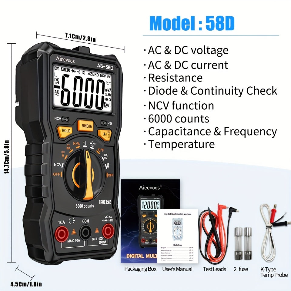 Aicevoos Digital Professional Multimeter 6000 Counts TRMS Auto Range DC AC Voltage Tester Ohm Meter Capacitor Electrical Professional Multimetro Transistor NCV