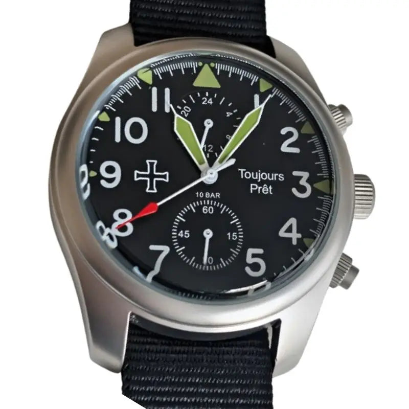 Dual Time GMT Quartz Military Field Watch - Blasted Stainless Steel - Domed Crystal
