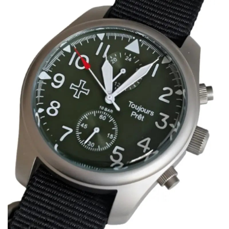 Dual Time GMT Quartz Military Field Watch - Blasted Stainless Steel - Domed Crystal