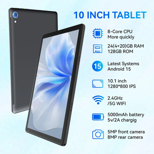 10-inch Latest Android 15 Tablet Octa Core 24GB+128GB/1 TB Expansion 1280x800 HD IPS Touchscreen Wide wine L1 Google Play