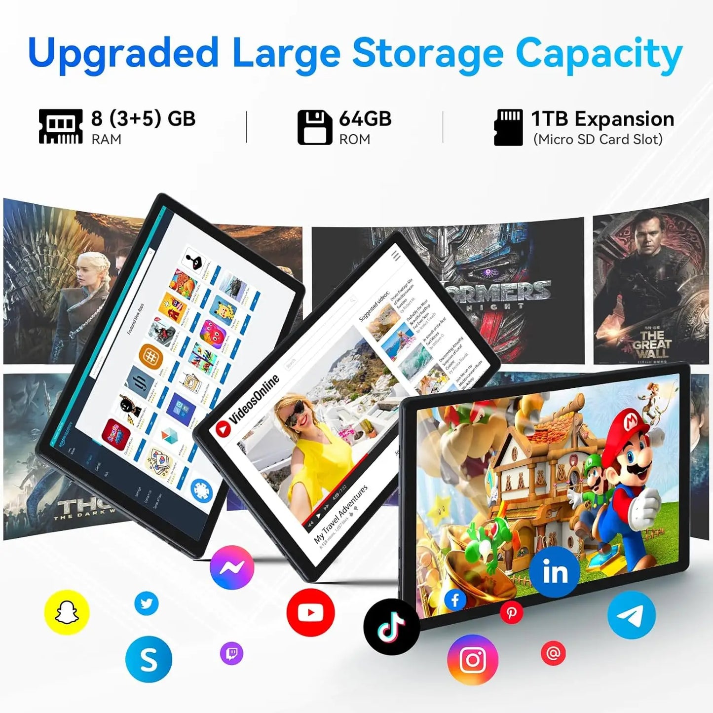 C10 Tablet 10.1 Inch Android 14 Phablet 8GB RAM 64GB ROM (1TB TF) Widevine L1 HD Octa-Core 2.0 GHz WiFi 6 Bluetooth 5.0 PC Pad