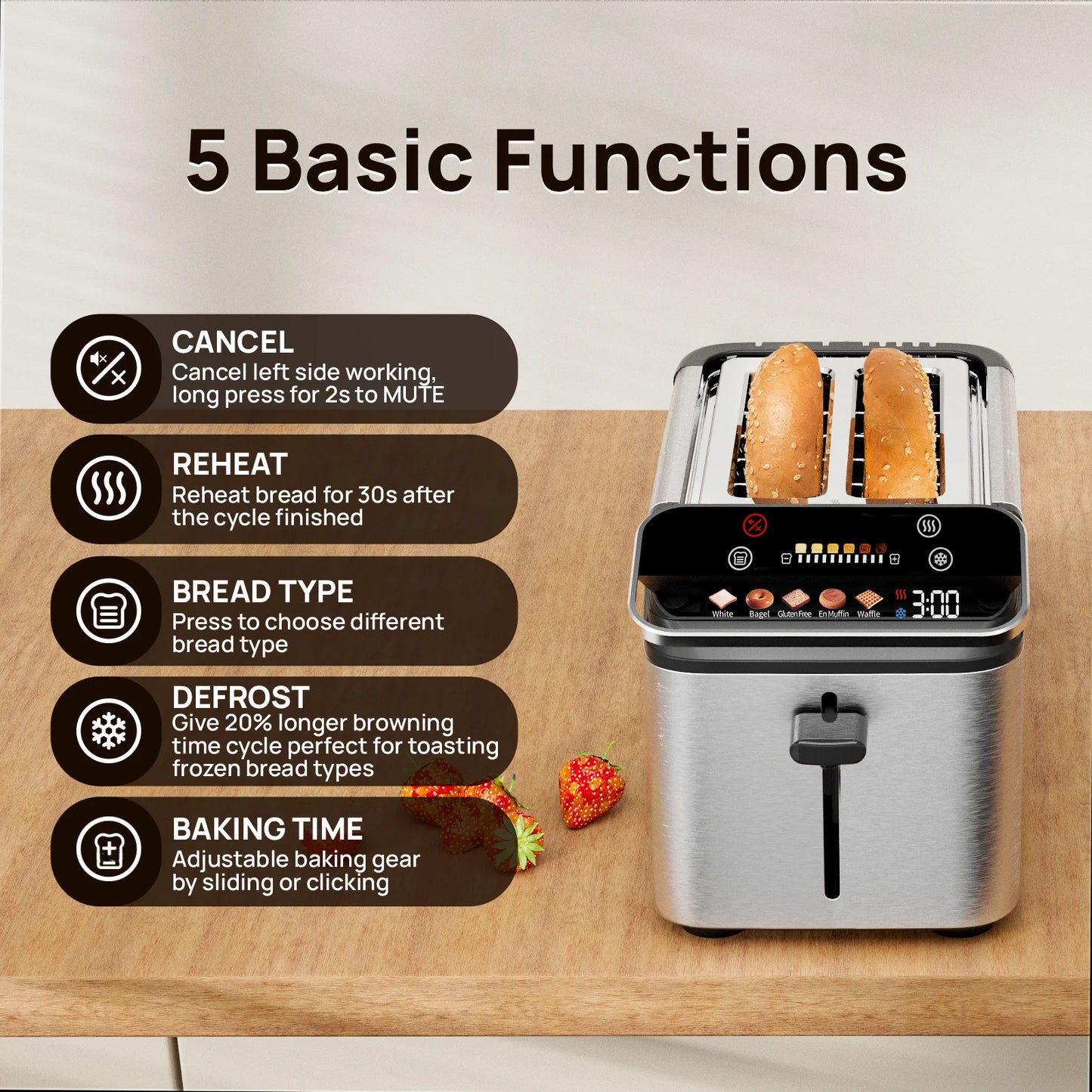 New 2-slice toaster, Smarter Screen and Easier Operation, Full Stainless Steel,5 Basic Functions