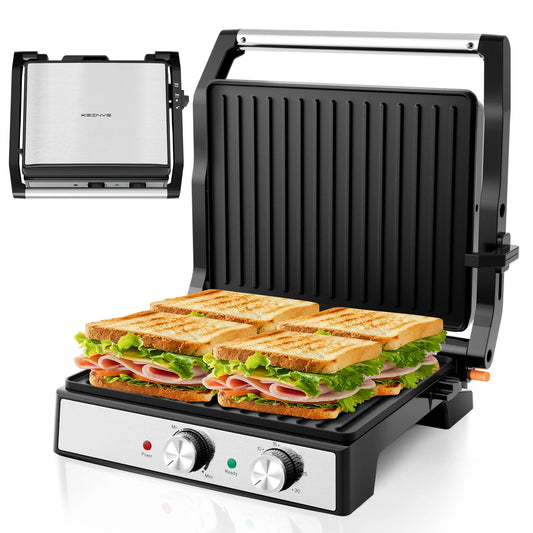 Panini Grill Press,Sandwich Maker Press,Contact Grill, 1600W Non-Stick Grill, 60-Minute Timer, 180 Degrees Opening