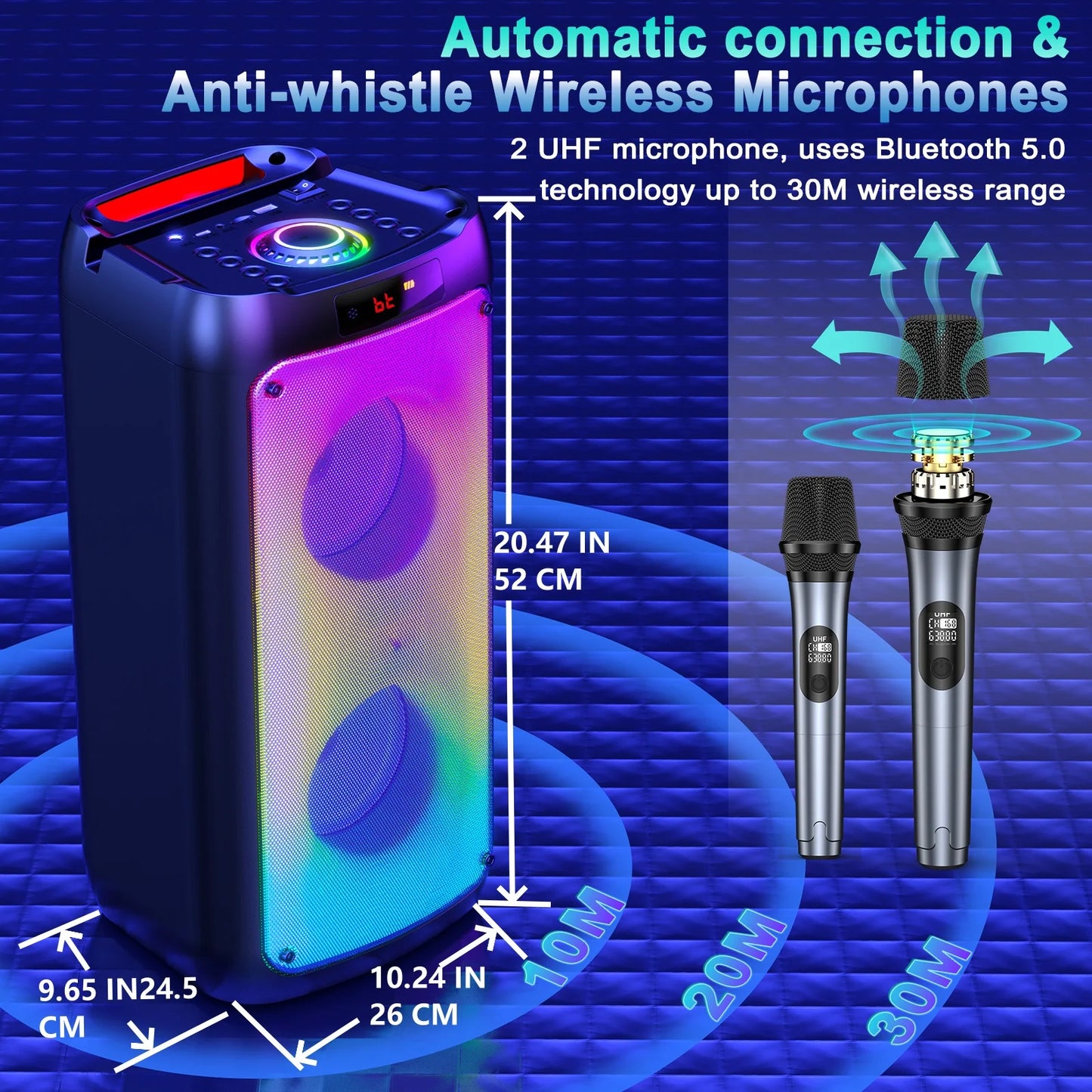 T10-T Wireless Bluetooth Speaker, Karaoke Machine with 2 Microphone, Home Karaoke Party Speaker with LED Light