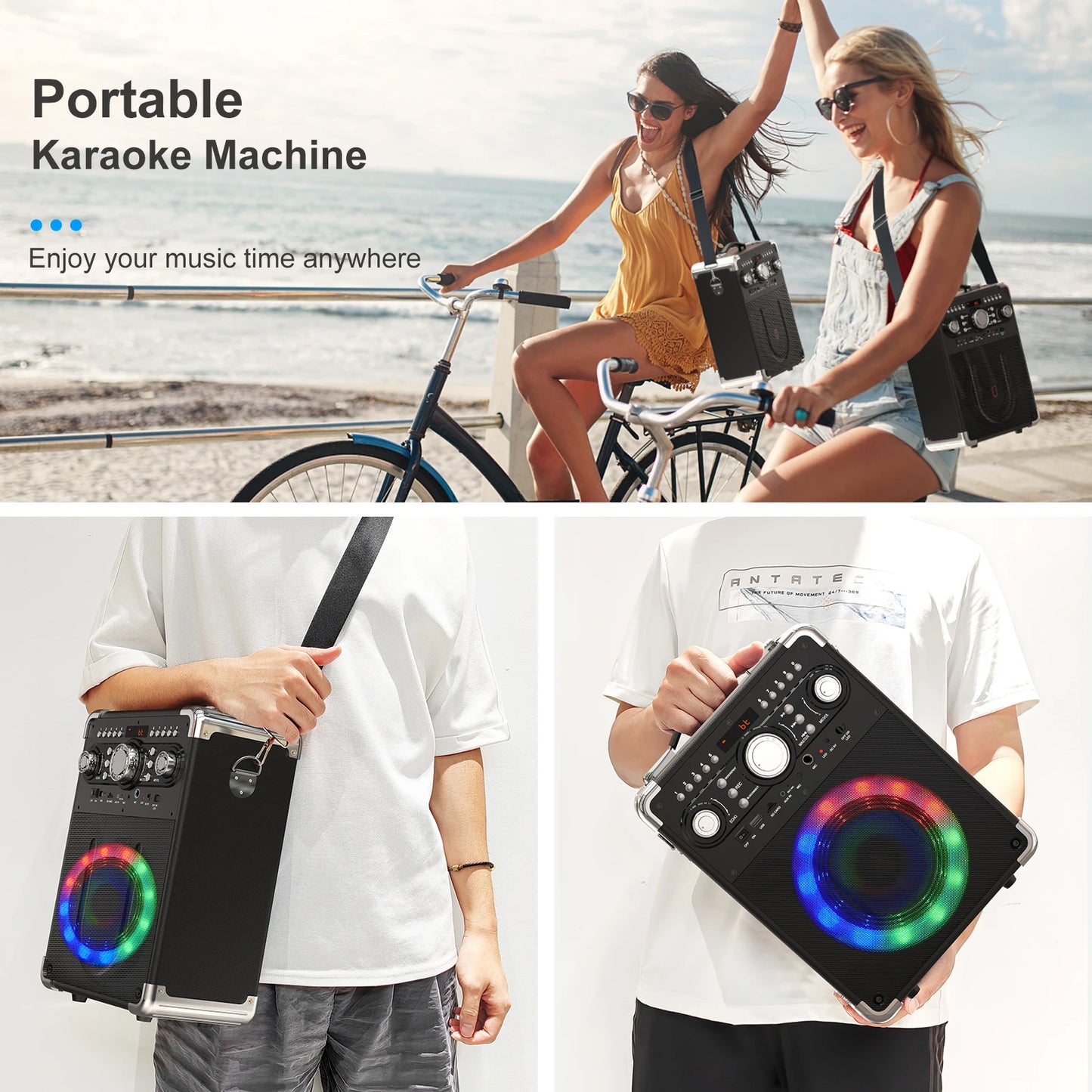 Karaoke Machine with 3 Mics & DJ Disco Ball Light, Portable Bluetooth Karaoke Speaker with LED Lights for Kids and Adults