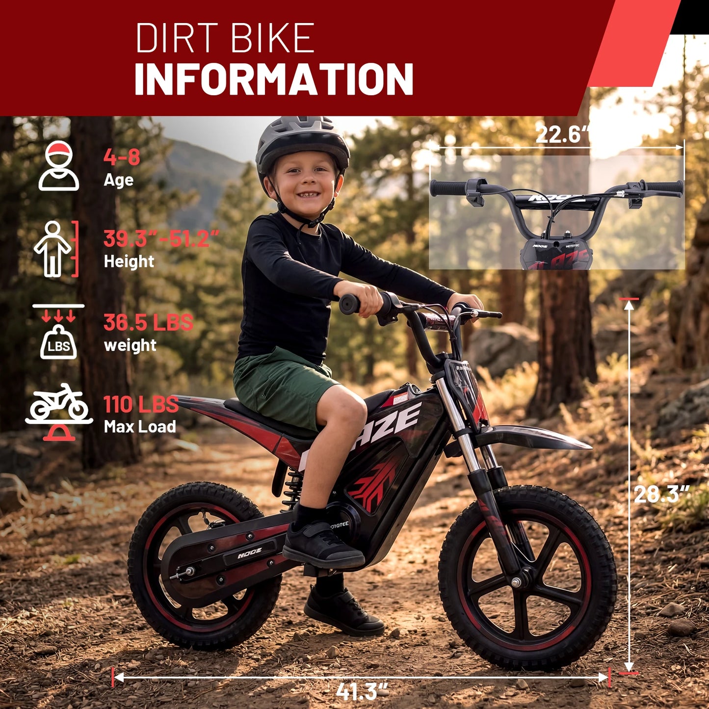 HP01E 36V 350W Electric Dirt Bike for Kids, 2 Speed Modes, Electric Motorcycle Up to 15.5 MPH & 9.5 Miles Long-Range.
