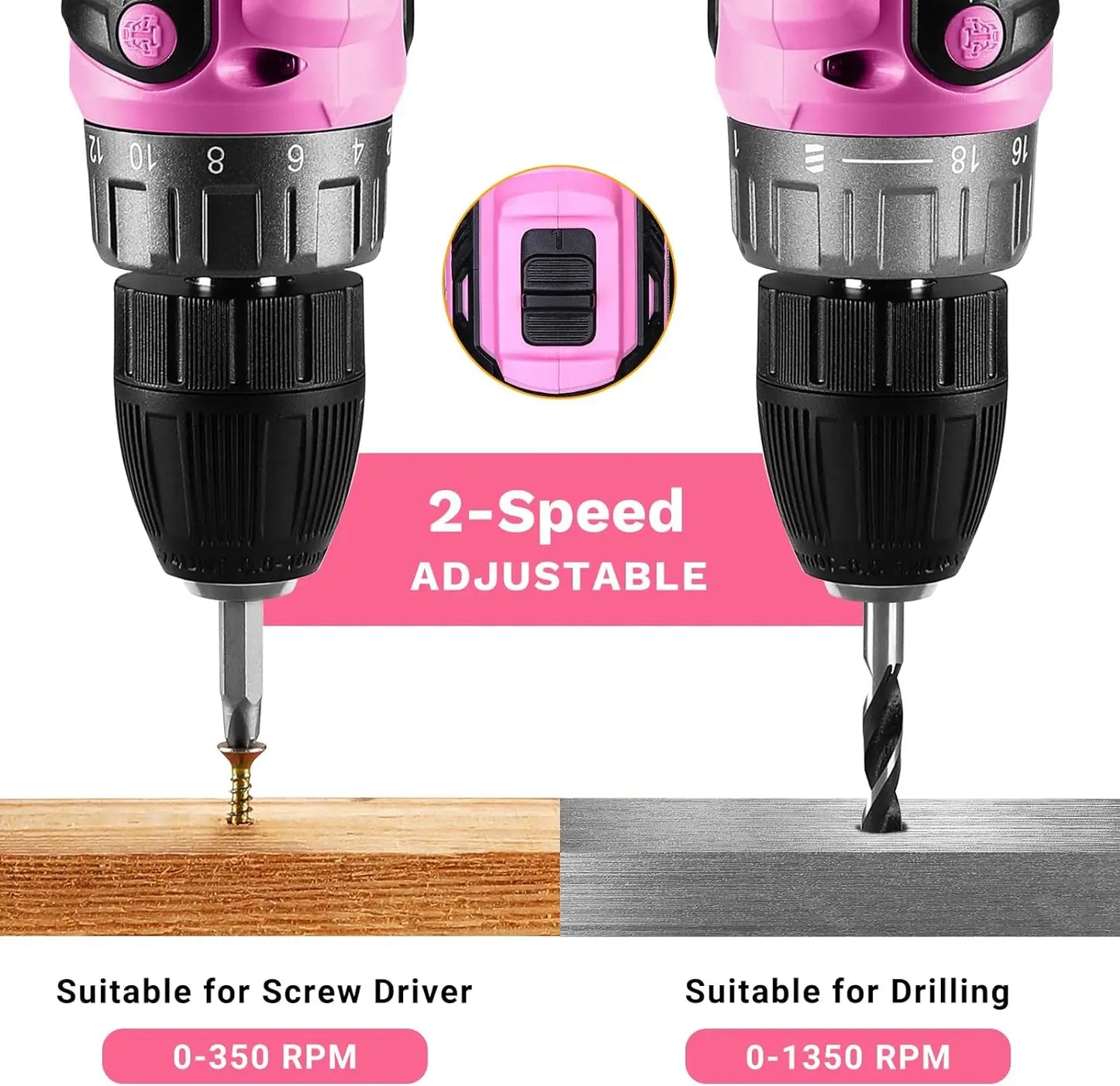 Power Drill Cordless: Pink Cordless Drill 20V Electric Power Drill Set Tool for Women