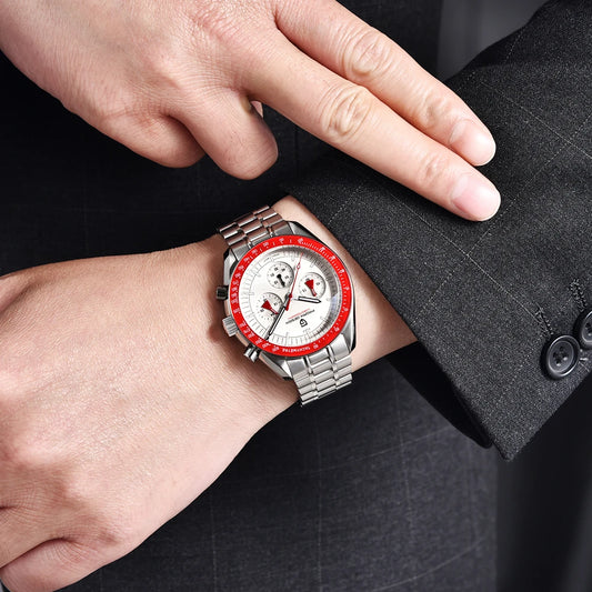 New Retro Red Watch Luxury Quartz Watches For Men Stainless Steel Luminous AR Sapphire Crystal Chronograph Man