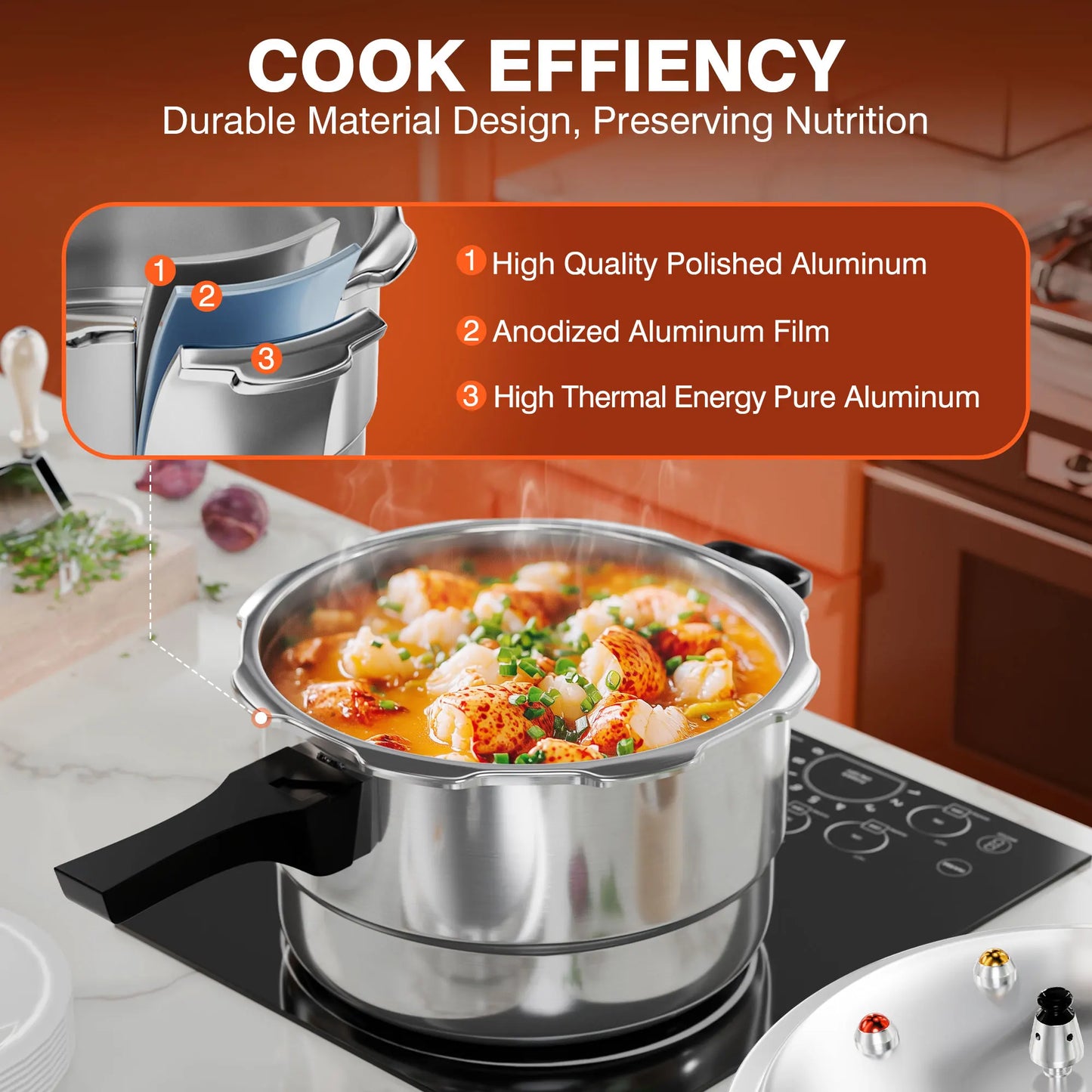 6-16 Qt Aluminum Pressure Cooker with Release Valve & Protective Devices, Compatible with Gas & Induction, Rack Included