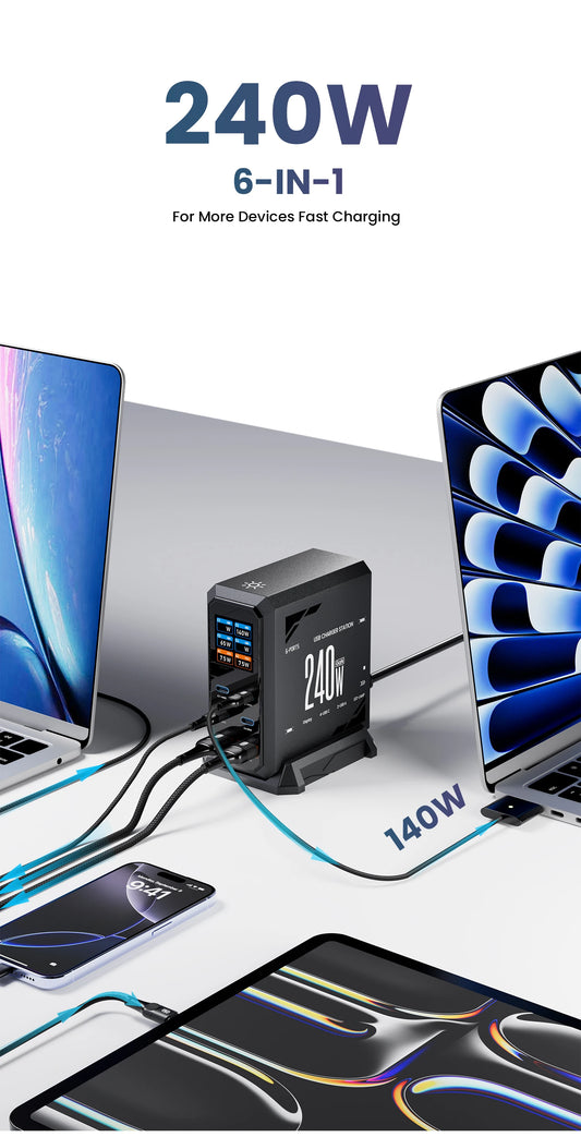 240W GaN Charger PD3.1 140W USB Type C PPS 6 Ports Desktop Fast Charging Station for iPhone MacBook Laptops