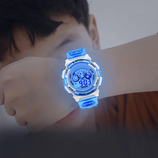 Blue LED Digital Sports Watch for Kids by COOBOS, 30M Water Resistant