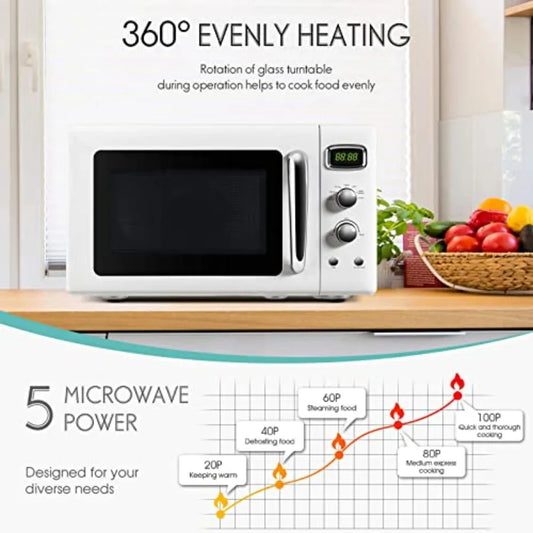 Retro Microwave Oven 900W 0. 9Cu.Ft Small Countertop Microwave with Defrost, Auto Cooking, LED Display, Pull Handle, Easy Clean Stainless
