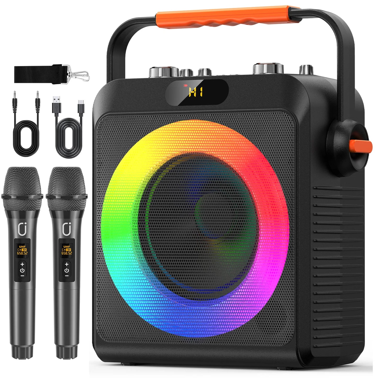 Karaoke Machine with 2 Microphones, Portable Bluetooth Speaker with RGB Light, Karaoke System for Karaoke Home Party
