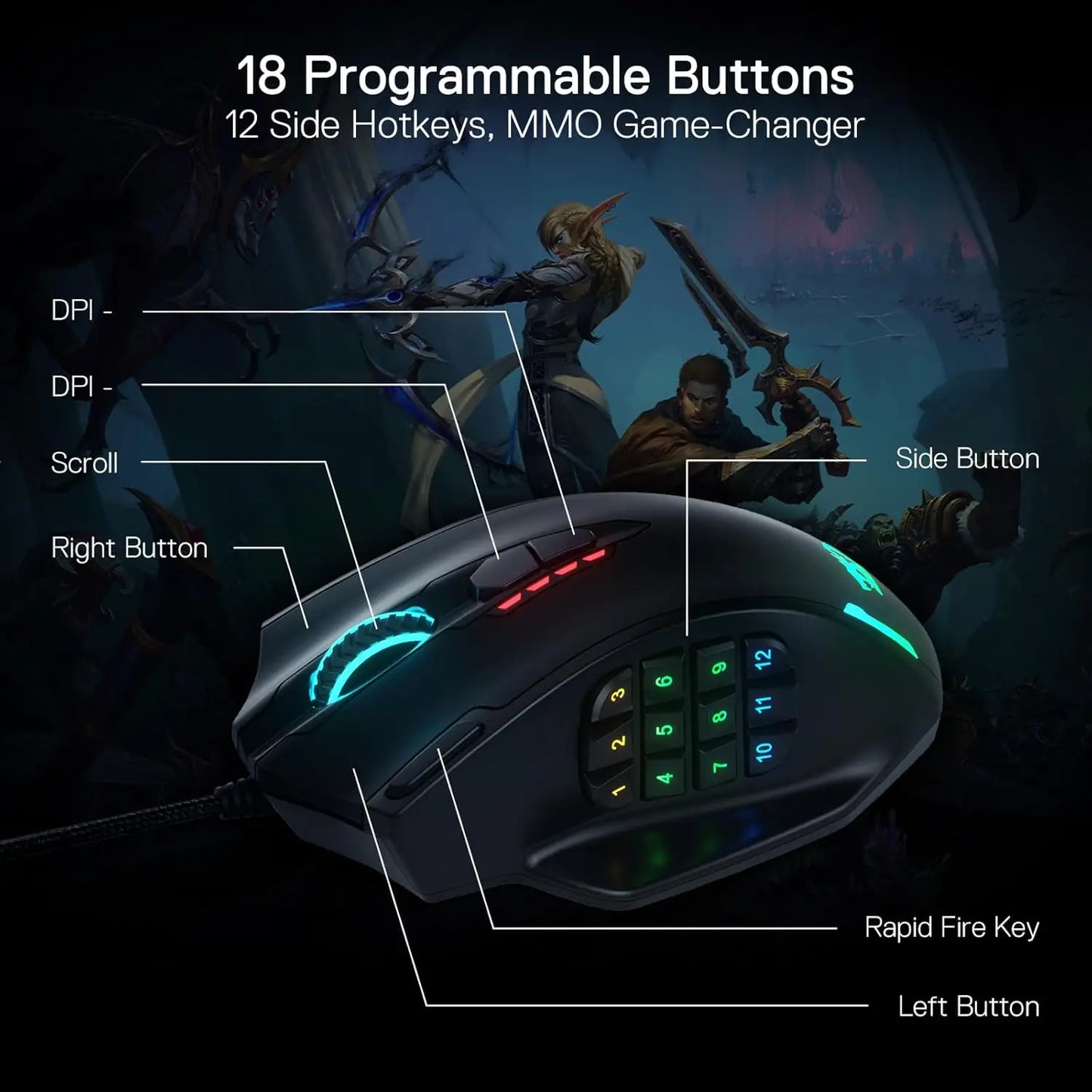 M908 RGB Backlight LED USB Wired Gaming Mouse 18 Programmable Mouse Buttons 12400 DPI