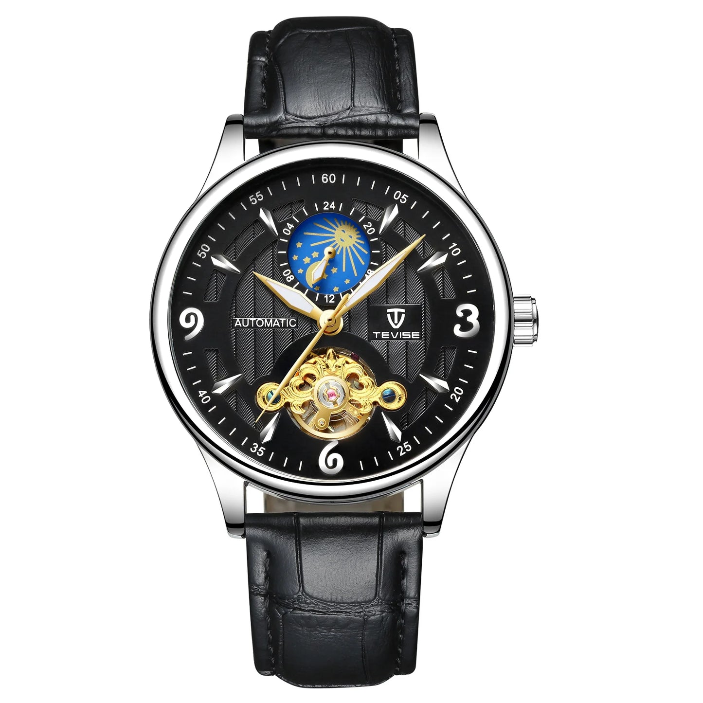 Men's Mechanical Watch Fashion Business Skeleton Alloy Case Leather Strap Elegant Design