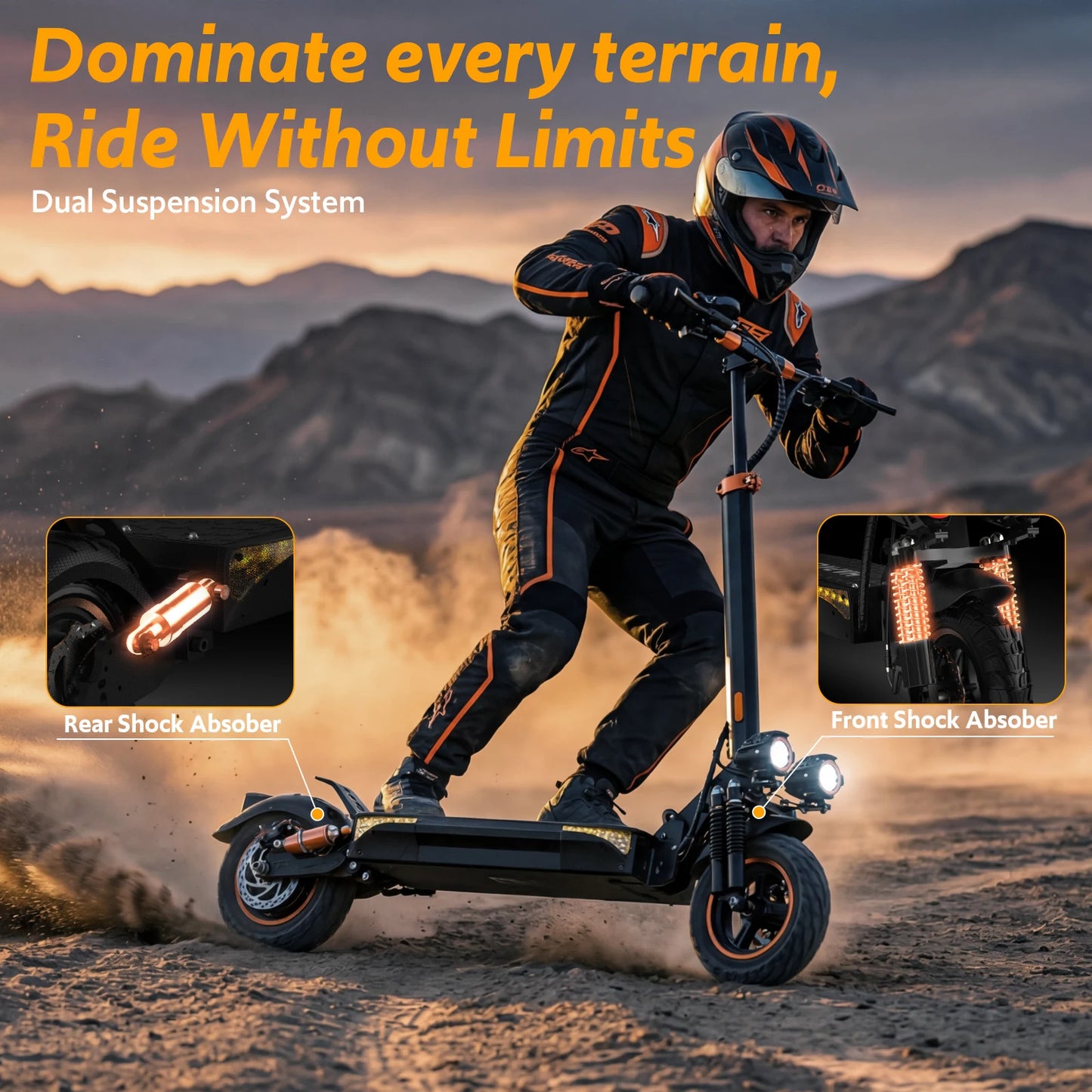 Off Road Electric Scooter, 1200W Motor, 31 Miles Range, 31 MPH, 11" All Terrain Tire, E-Scooter for Adults with Double Suspension & Side Light Disc Brakes