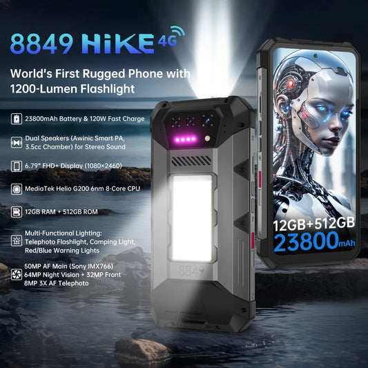 Hike Rugged Smartphone 23800mAh 24GB+512GB Expandable 2TB 1200Lumen Flashlight Android14 Two Speakers 6.79'' 120Hz