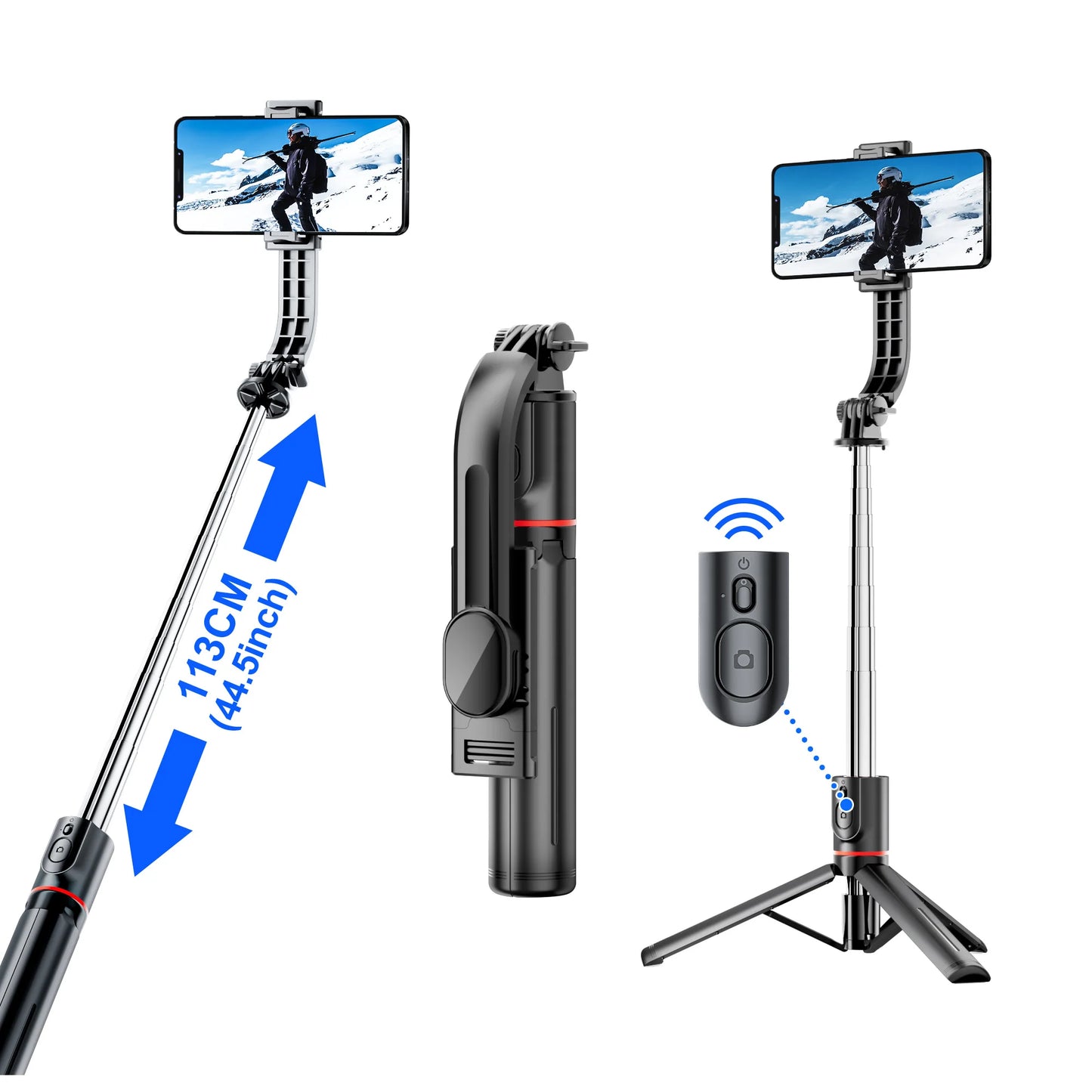 L13 Wireless Bluetooth Tripod Selfie Stick – Extended 1130mm Stabilizer with Reinforcement Bracket for Android & iOS Smartphone