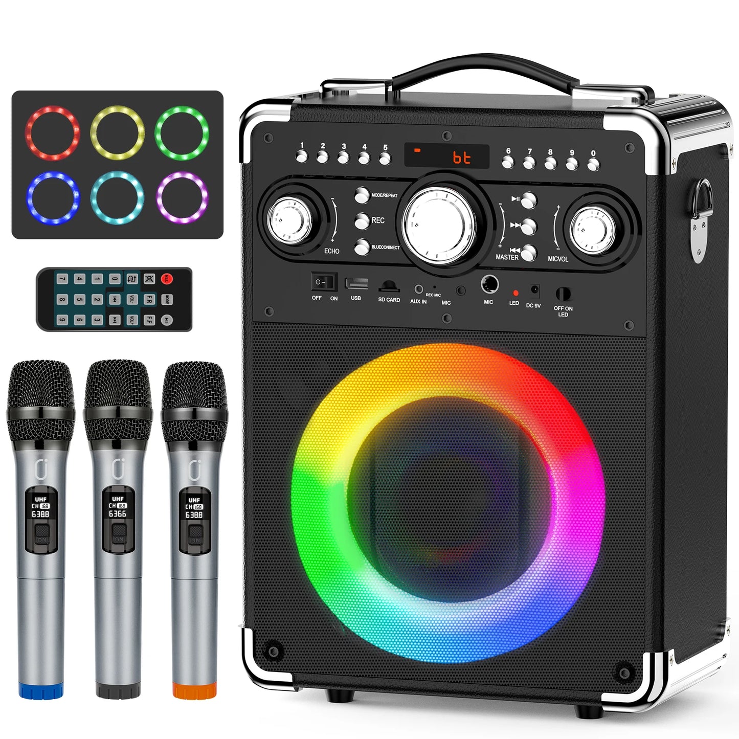 Karaoke Machine with 3 Mics & DJ Disco Ball Light, Portable Bluetooth Karaoke Speaker with LED Lights for Kids and Adults