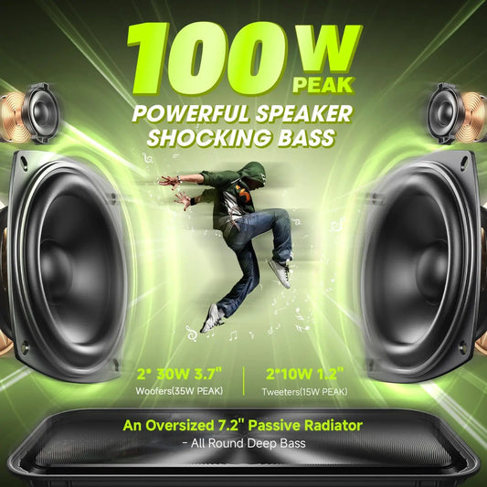 (100W Peak) 60W Portable Loud Bluetooth Speakers with Subwoofer, Outdoor Speaker Bluetooth Wireless Waterproof Speaker