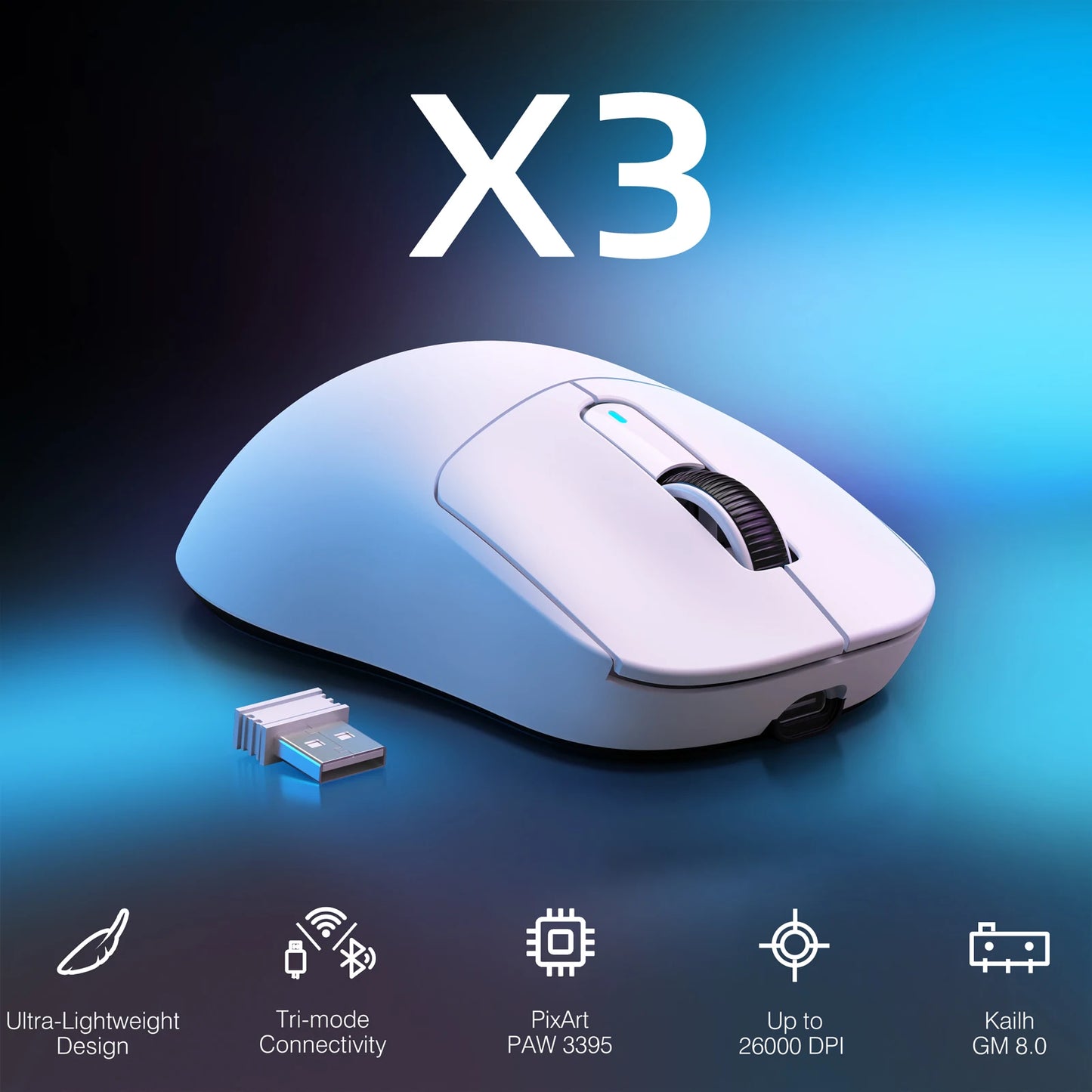 X3 Wireless Gaming Mouse,49g Ergonomic PC Mouse, Triple Modes PAW3395 26K DPI Optical Sensor, Programmable Buttons