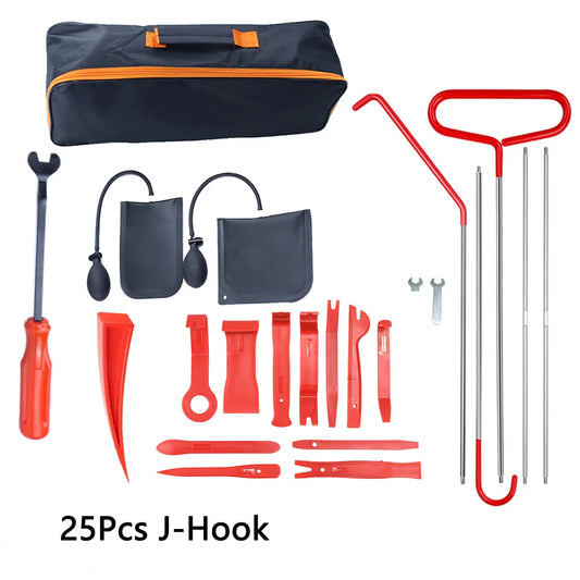 25Pcs Professional Car Repair Tool with Bag kit Portable Long Distance Pull Hook J-Hook Rolling Door Hooks Car Door Repair Set