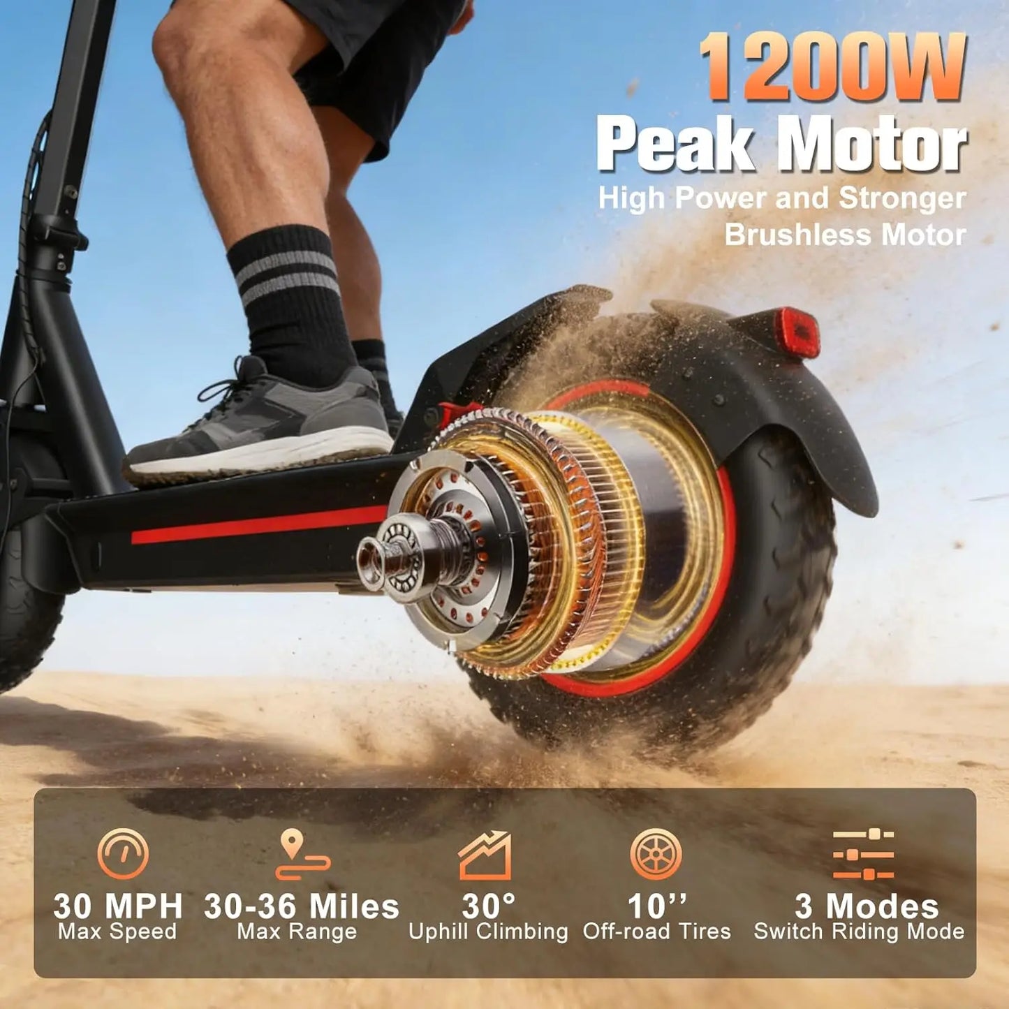 2026 Adults Electric Scooter 1200W Motor Top Speed 30MPH 48V 15AH Battery 10 Inch Off-Road Tires Sport Commuter Folding E-Scooter