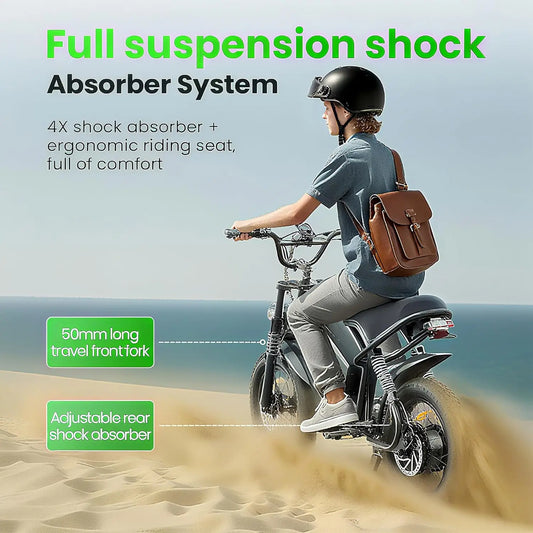 Electric Bike for Adults & Teens – 750W Motor 65Nm Torque, 48V 15Ah Removable Battery, Full Suspension, 3 Riding Modes