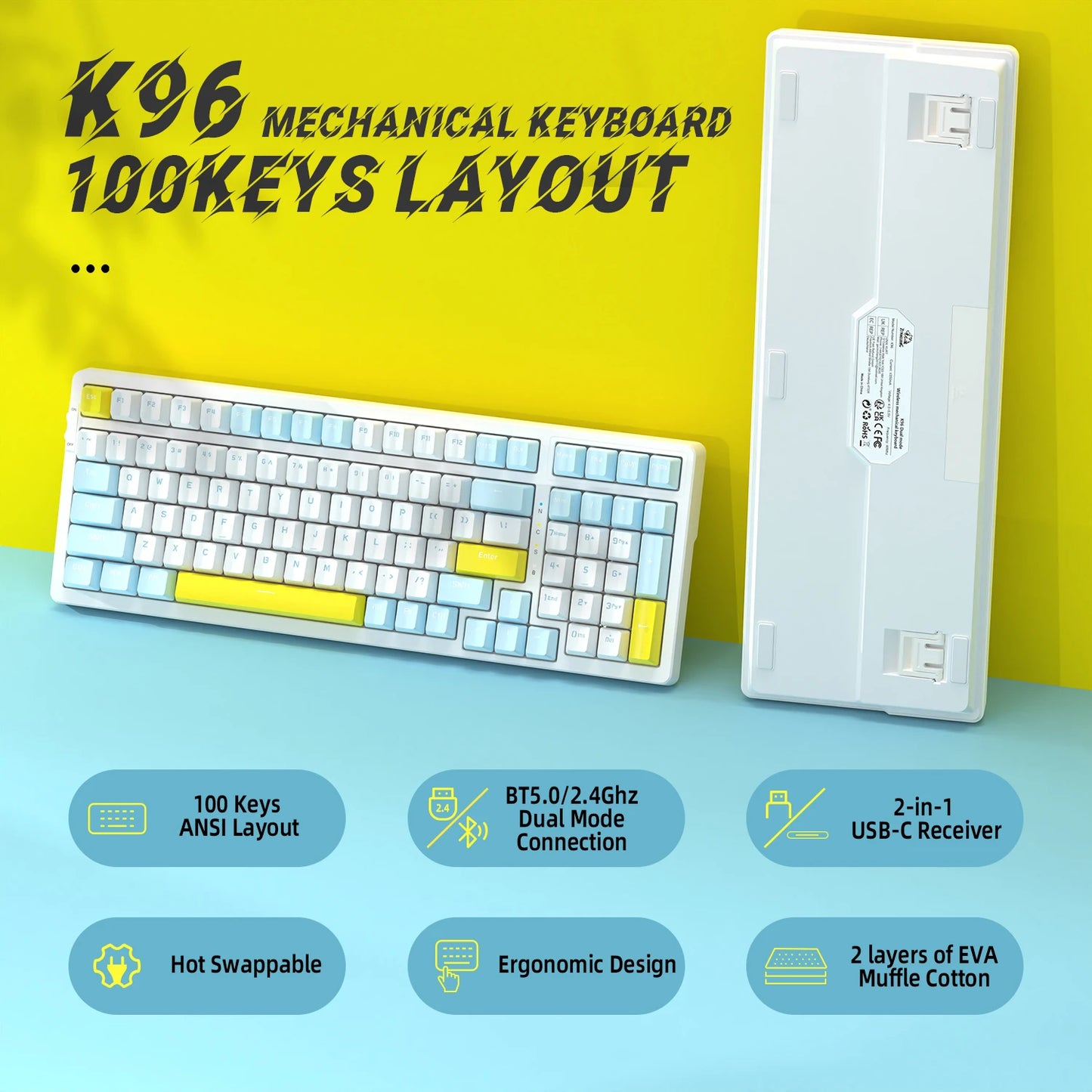 K96 Wireless Mechanical Keyboard, Dual Mode 2.4G/BT5.0 2-in-1 Receiver, 100 Keys Hot Swappable Red Switches Gamin