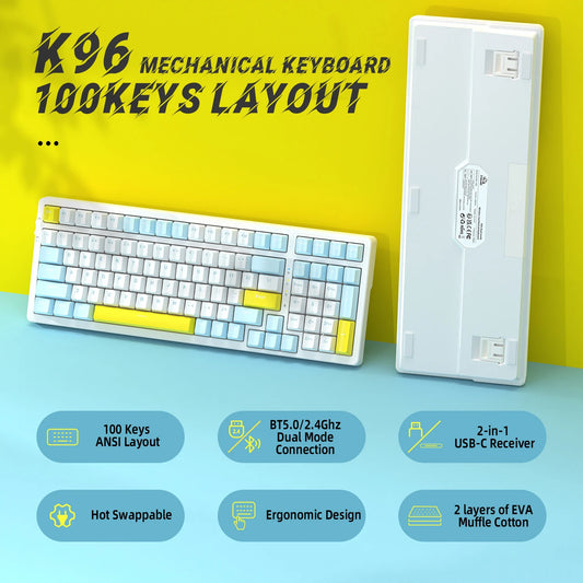 K96 Wireless Mechanical Keyboard, Dual Mode 2.4G/BT5.0 2-in-1 Receiver, 100 Keys Hot Swappable Red Switches Gamin