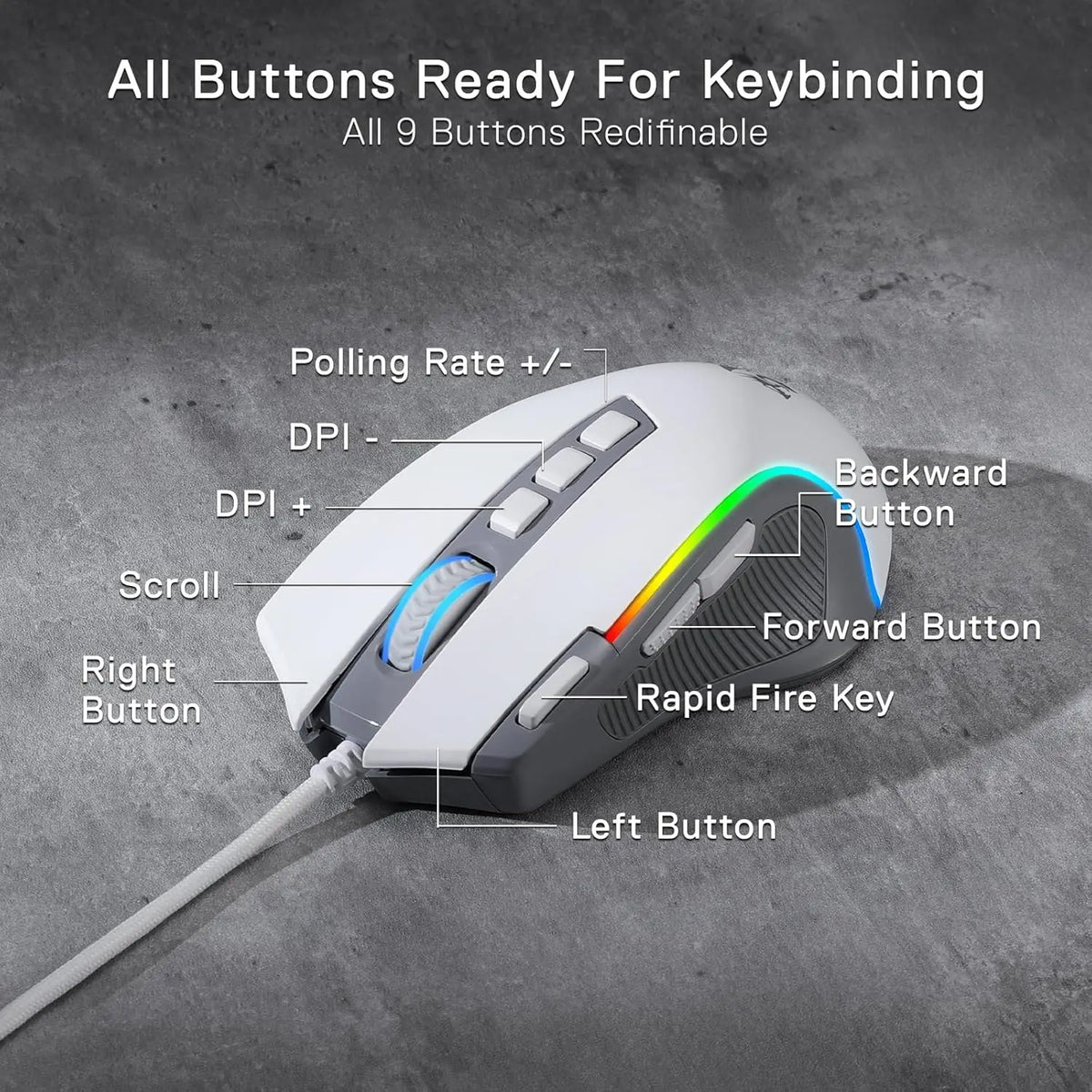 M612 RGB Gaming 8000 DPI Wired Optical Gamer Mouse 9 Programmable Buttons & 5 Backlit Modes