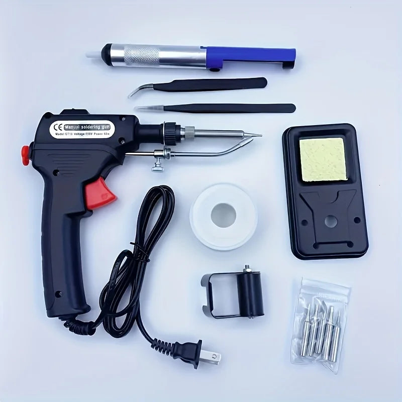 5-piece Soldering Iron Kit - Automatic Handheld Soldering Gun With Interchangeable Tips, Desoldering Pump, Tweezers, Solder Wire