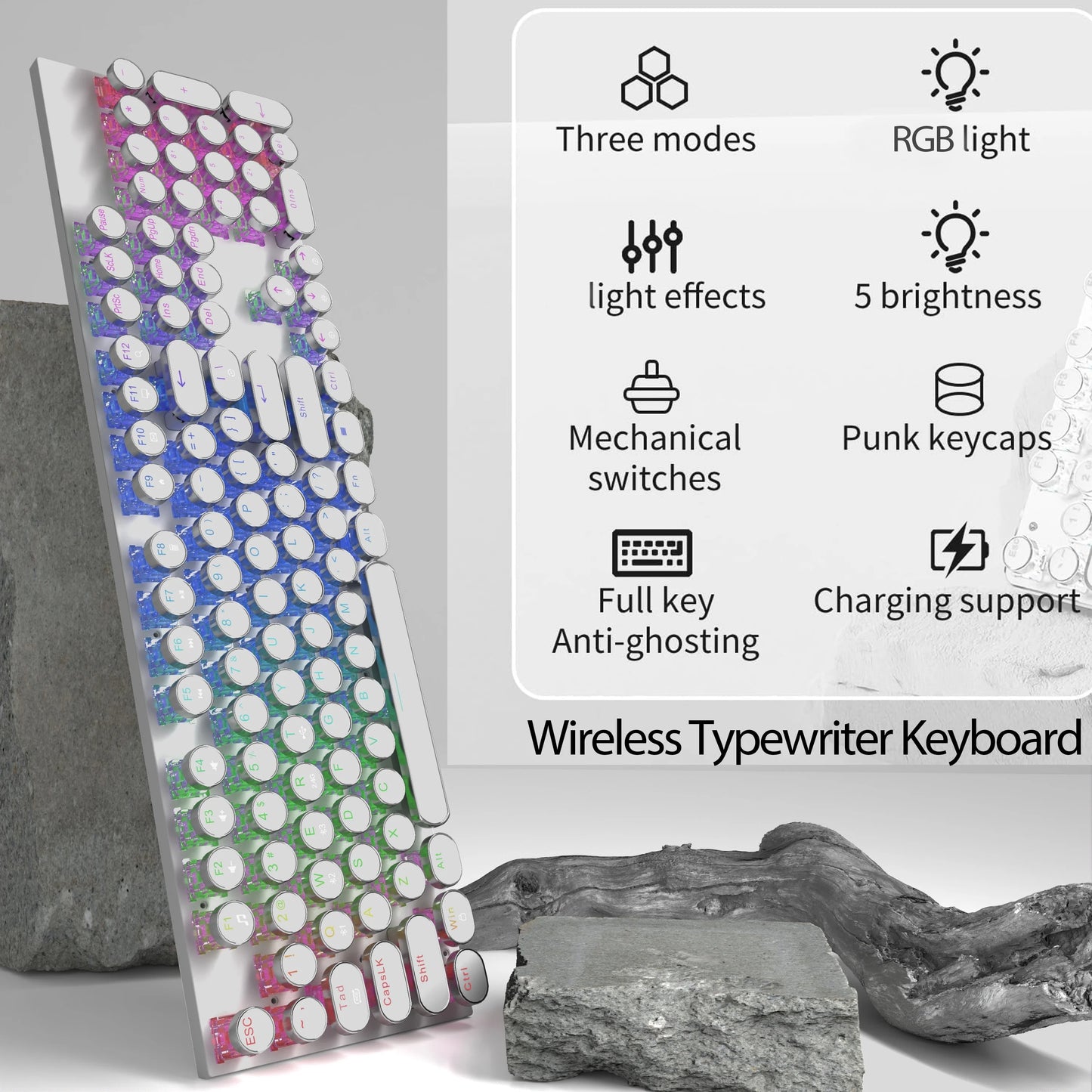 RGB Wireless Punk Typewriter Mechanical Keyboard Round Keycaps And RGB 104-Key Game Office Triple Mode Wireless 5.0/2.4G/Wired