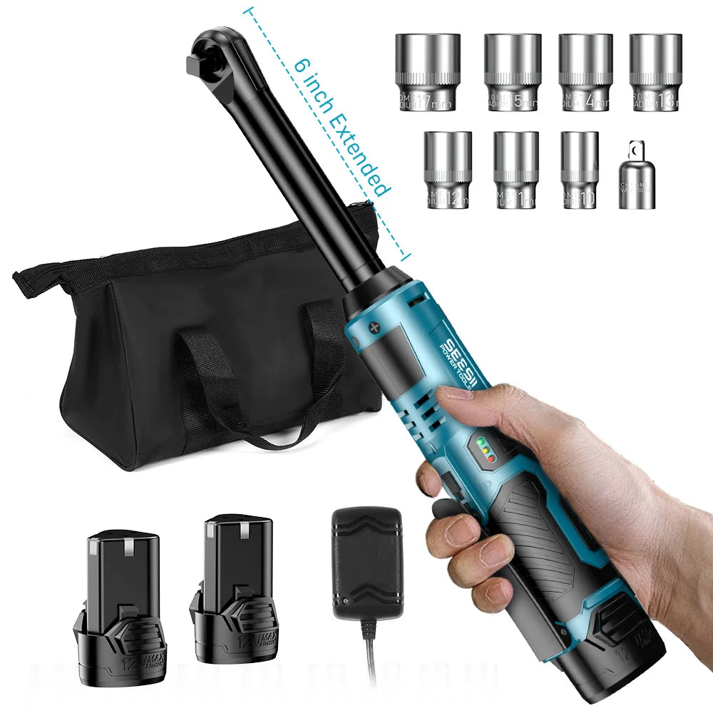 6" Extended Ratchet Wrench 3/8"Cordless Electric Wrench 55Nm 12V Rechargeable Angle Wrench Car Repair Tools w/2 Batteries