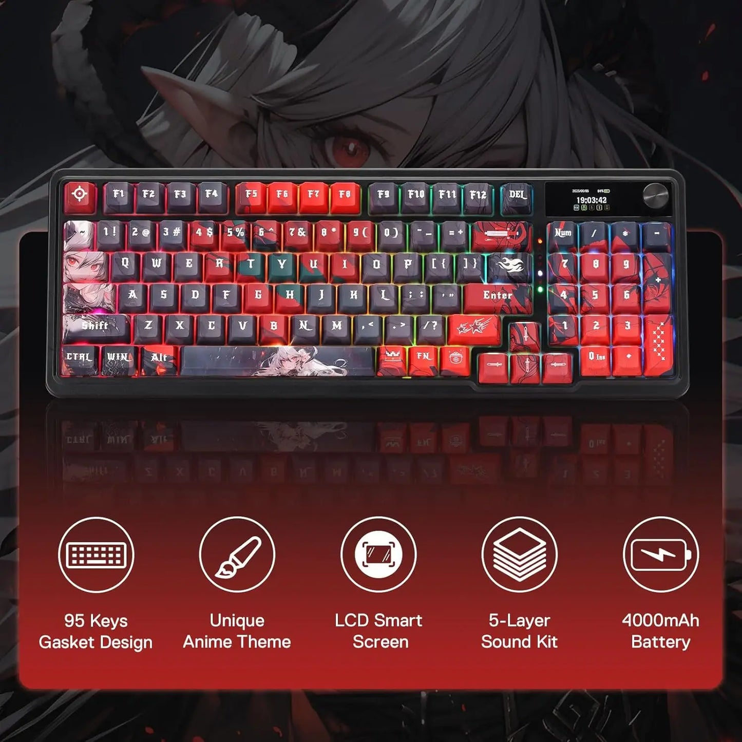 K719 PRO Wireless Gasket Gaming Hype Screen & Knob, 95 Keys Mechanical Keyboard, Easy-Control 1.14’’ TFT Info Display