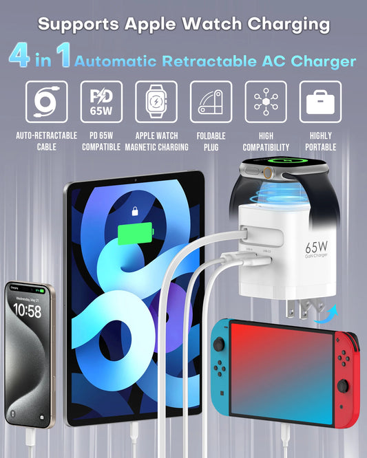 Retractable 65W For Apple Watch wireless Charger, Rapid Charging for MacBook, for iPhone, iPad smartphone, Foldable