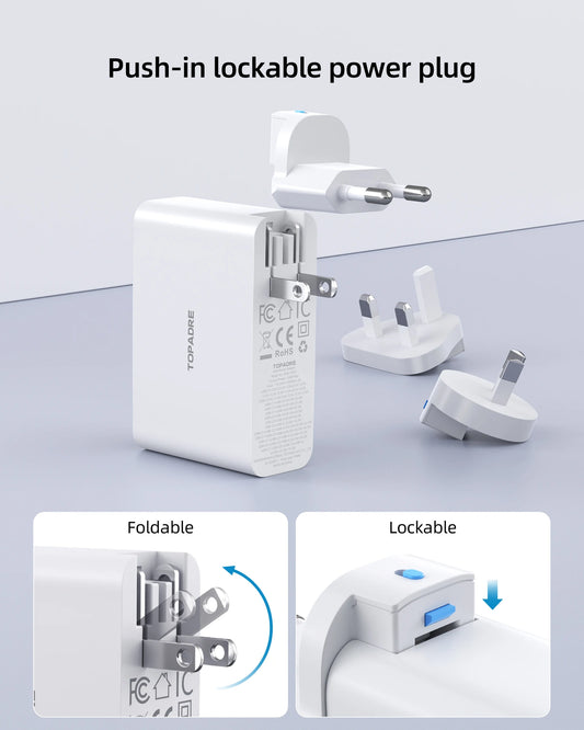 100W USB C Travel Charger, 4-Ports Foldable Travel Adapter Plug Converter With UK/EU/AU Plugs, Fast Charging For IPad iPhone